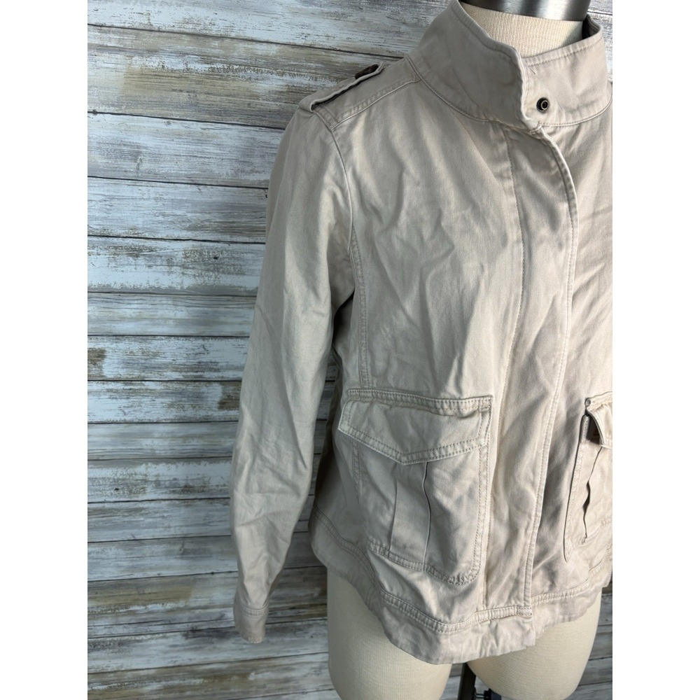 Talbots Refined Twill Utility Jacket Beige Petite M Military Safari Style Cotton - Picture 3 of 10